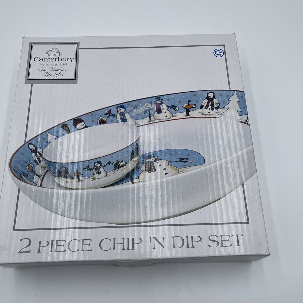 Canterbury Potteries Snowman Serenade Chip Dip Set Toby Pieri Stoneware NEW